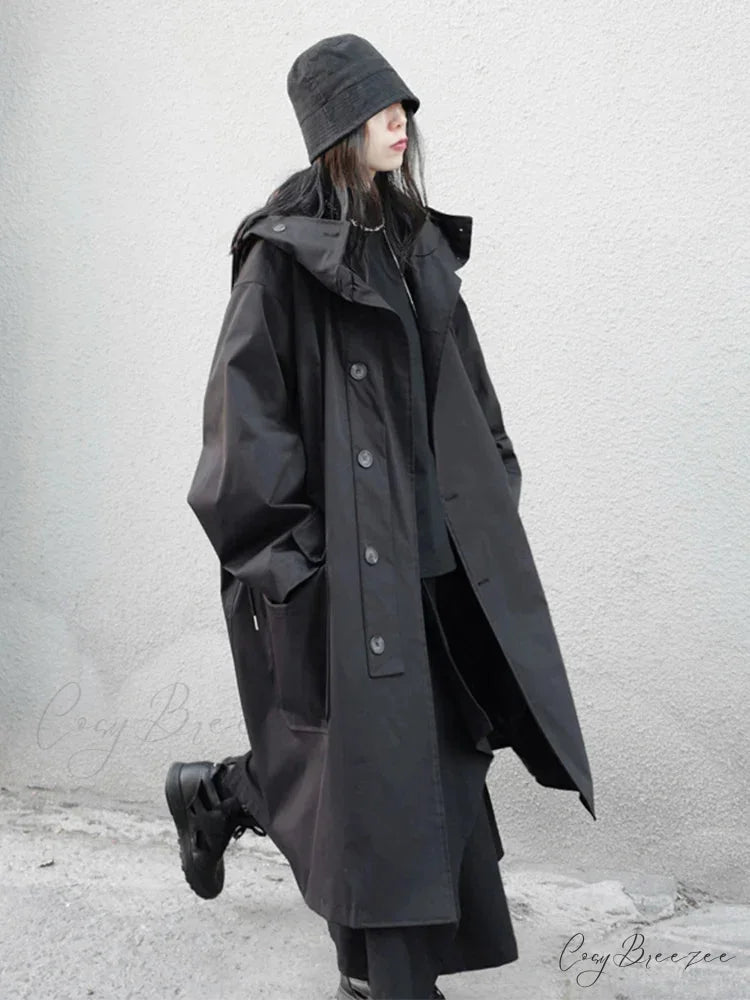 Spring Autumn Long Oversized Black Hood Dark Aesthetic Luxury Designer 2024 Stylish Coat Black / M