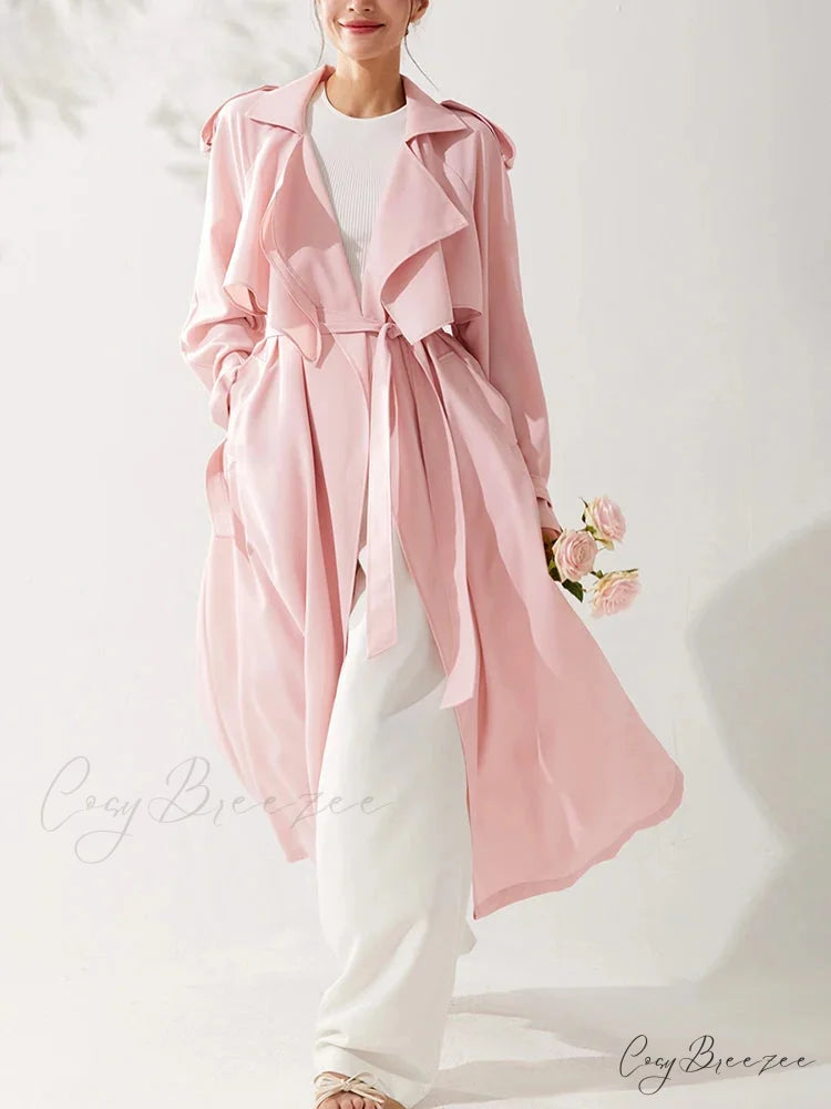Spring Autumn Long Sweet Thin Flowy Pink Sashes High Quality Luxury Designer 2024 Stylish Coat