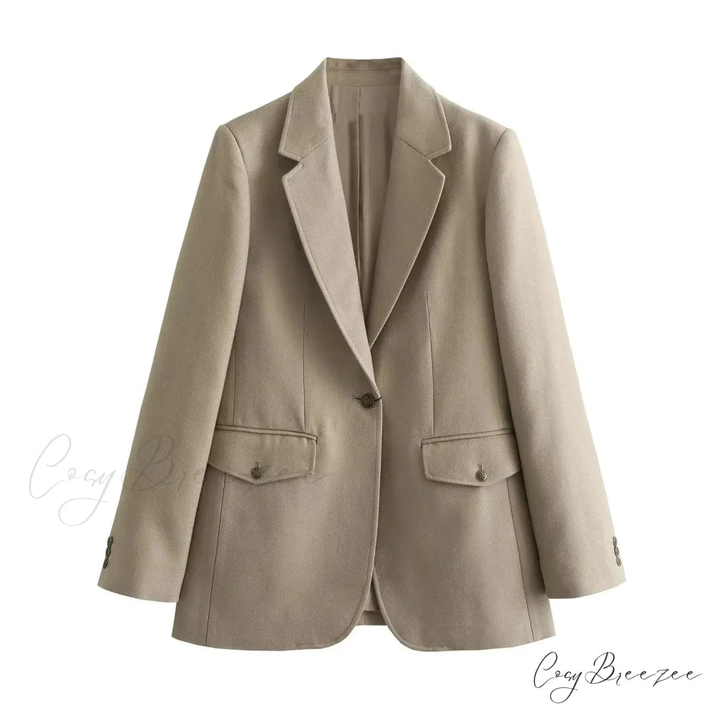 Spring Autumn One Button BF Boyfriend Vintage Long Sleeve Khaki Blazer Khaki / S