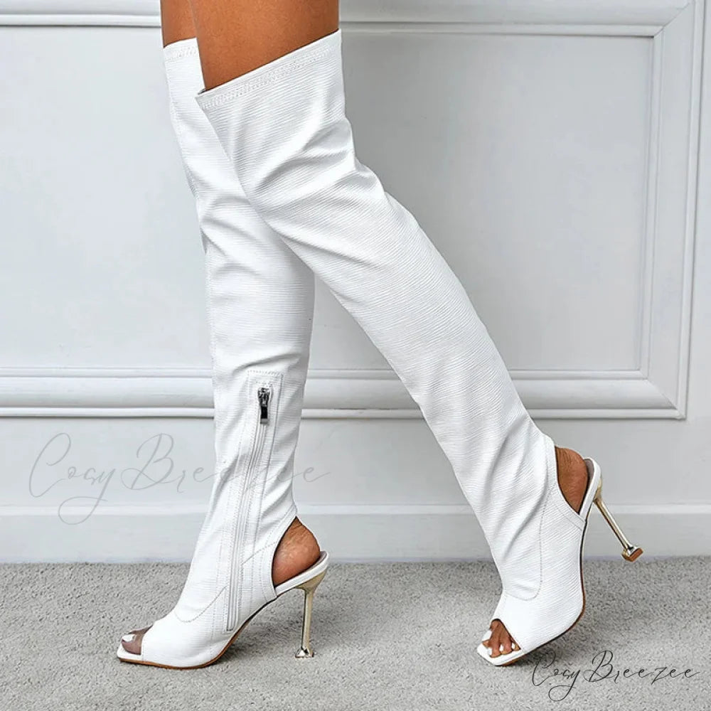 Spring Autumn Sexy Zip Metal Thin-Heels Open-Toe Leather Thigh-High Over-The-Knee Boots Stripper High Heel
