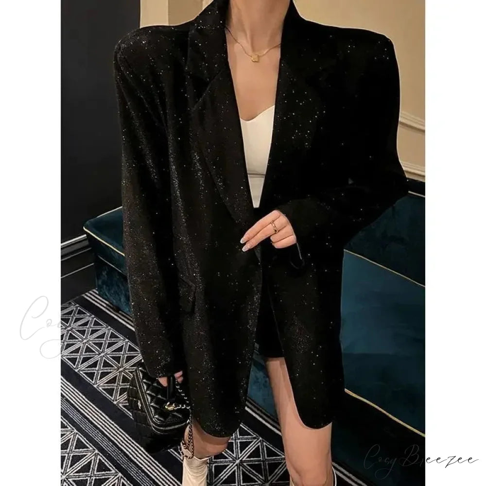 Spring Autumn Silver Sequin Oversized Office Lady Elegant Party Blazer Black / XL