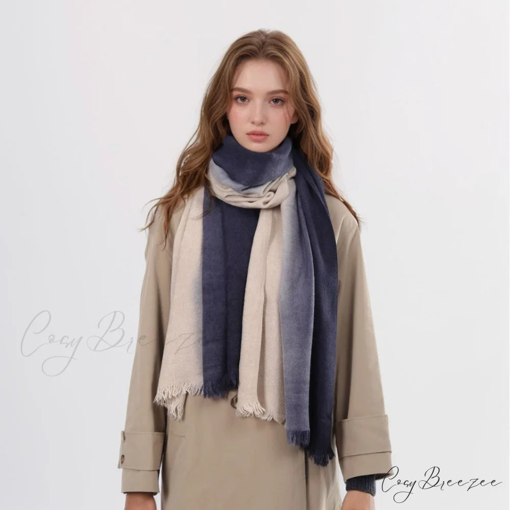 Spring Autumn Winter Thin High-end Gradient Two-tone Large Faux Cashmere Elegant Scarf Navy Blue