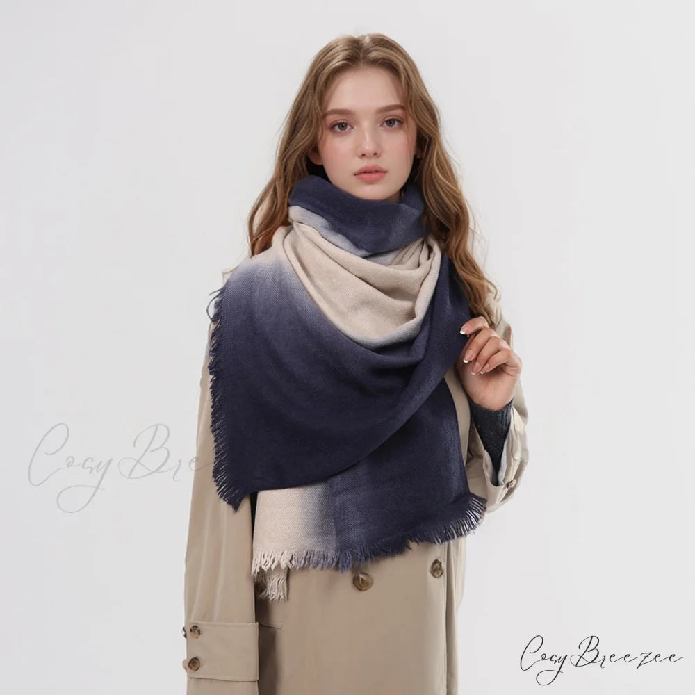 Spring Autumn Winter Thin High-end Gradient Two-tone Large Faux Cashmere Elegant Scarf Navy Blue