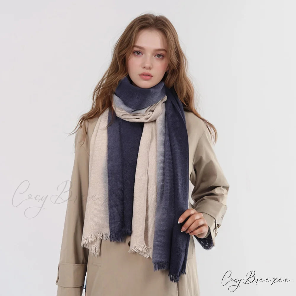 Spring Autumn Winter Thin High-end Gradient Two-tone Large Faux Cashmere Elegant Scarf Navy Blue