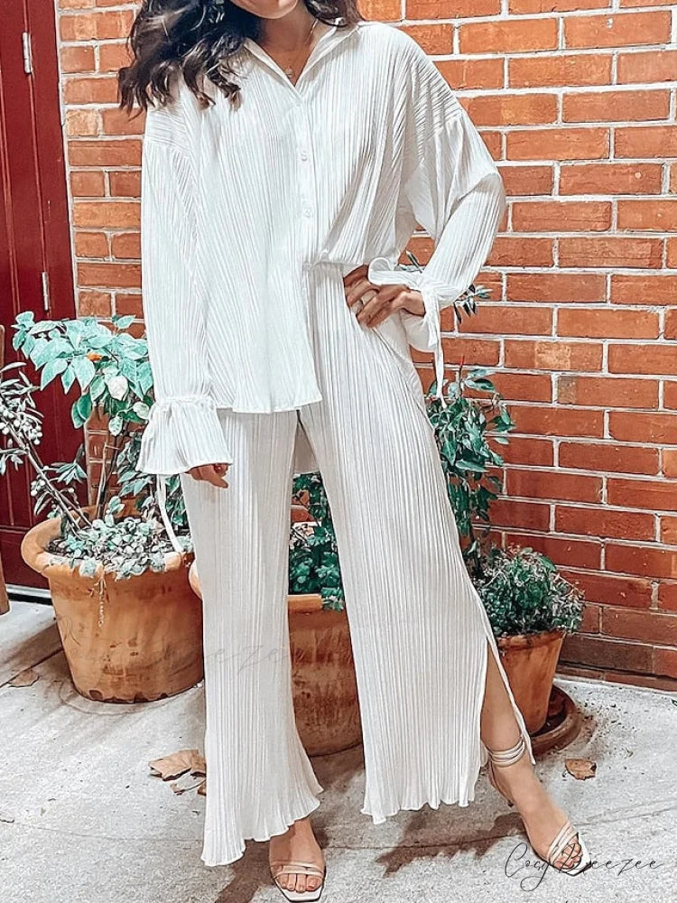 Spring Black Casual Color Blouse Sets Arm Light Fashion White - Daily Pants - Regular Solid Blouse Long Fit Women’s &