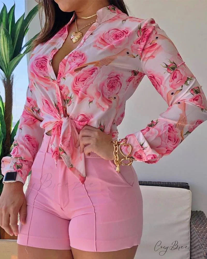 Spring Blouse Tie Knot Patterned Casual Arm Flowered Top for Blouse Long Women