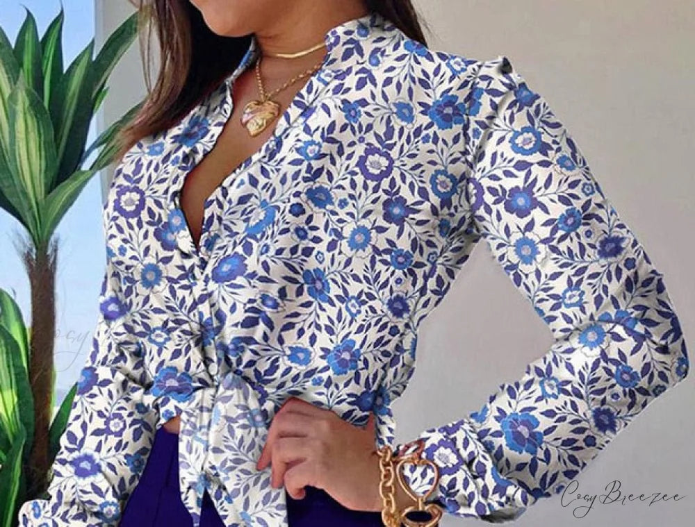 Spring Blouse Tie Knot Patterned Casual Arm Flowered Top for Blouse Long Women L / blue shirt