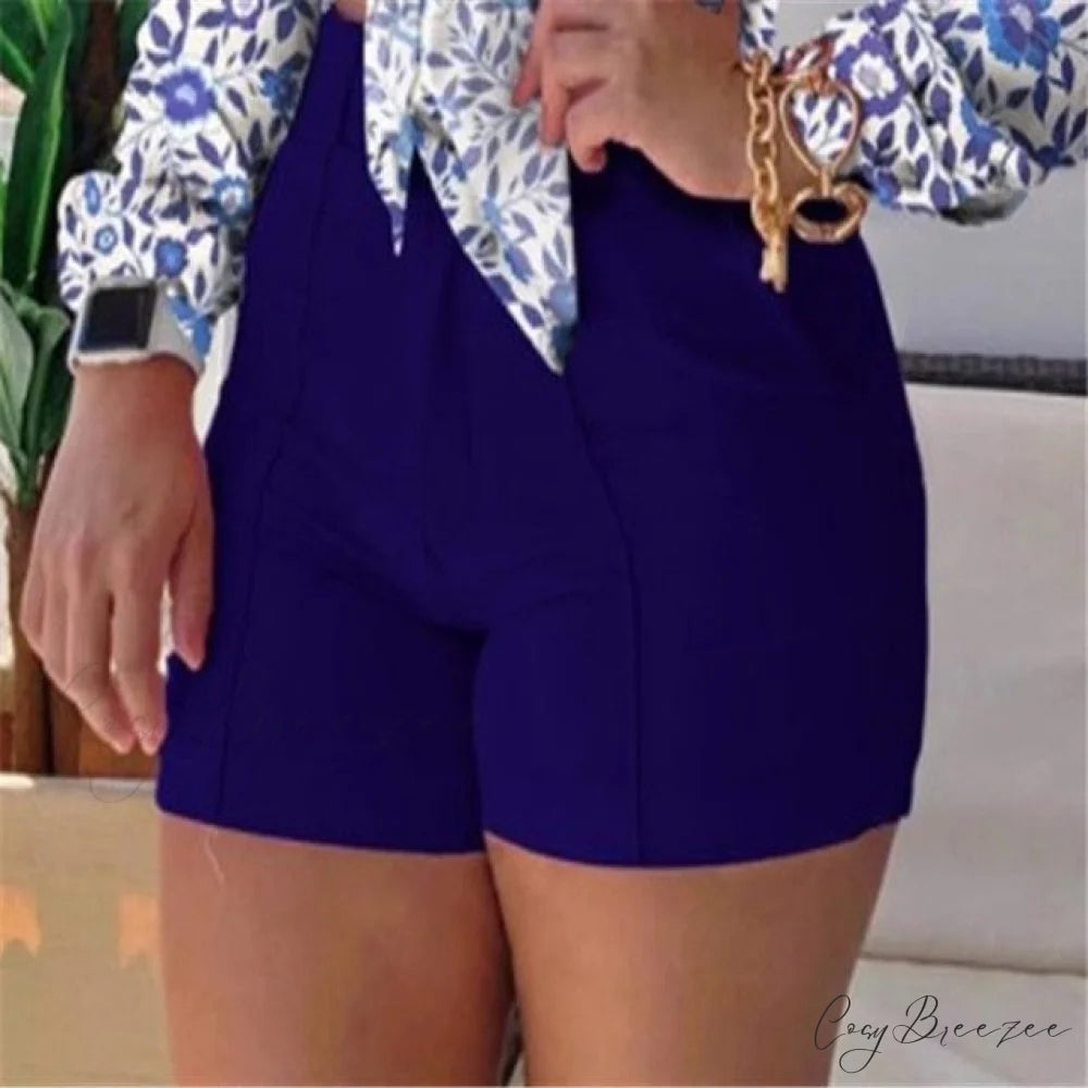 Spring Blouse Tie Knot Patterned Casual Arm Flowered Top for Blouse Long Women L / blue shorts(no top)
