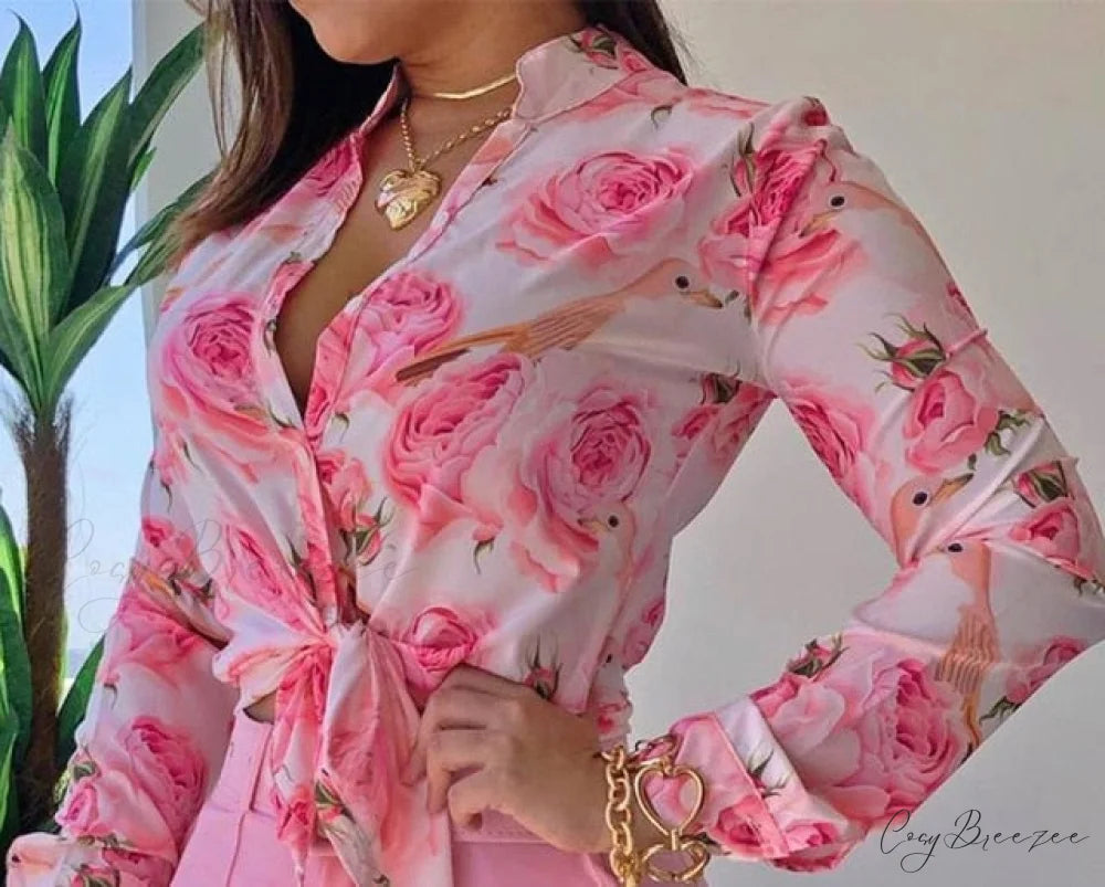 Spring Blouse Tie Knot Patterned Casual Arm Flowered Top for Blouse Long Women L / pink shirt