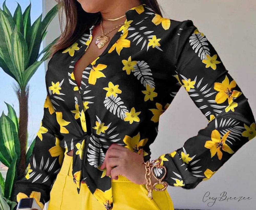 Spring Blouse Tie Knot Patterned Casual Arm Flowered Top for Blouse Long Women L / yellow shirt