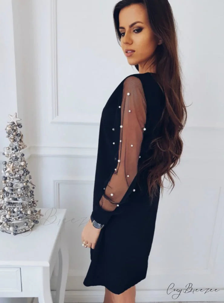 Spring Boat Neck Long Sleeve Straight Dress in Black M / Black
