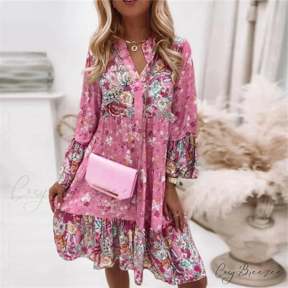 Spring Casual Floral Mid Length Dress Pink / S oldfloraldress-250126