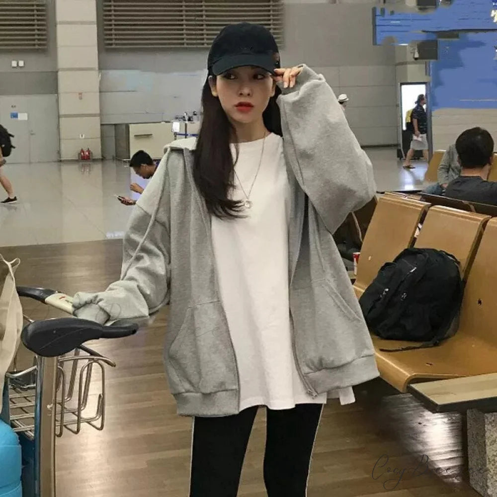 Spring Hoodie Hop Zipper Y2K Oversized Women’s Gray Embroidery Letter Streetwear Punk Hip Sweatshirt 1 3 / S