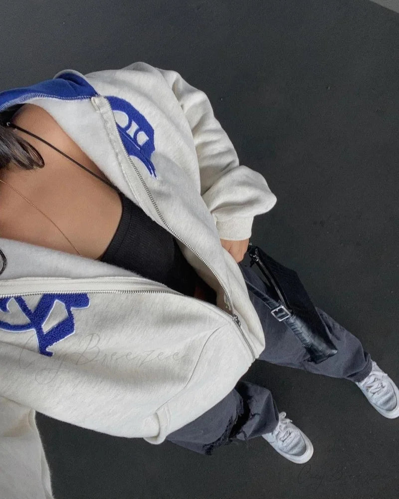 Spring Hoodie Hop Zipper Y2K Oversized Women’s Gray Embroidery Letter Streetwear Punk Hip Sweatshirt 1 / S