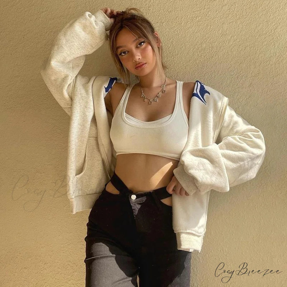 Spring Hoodie Hop Zipper Y2K Oversized Women’s Gray Embroidery Letter Streetwear Punk Hip Sweatshirt