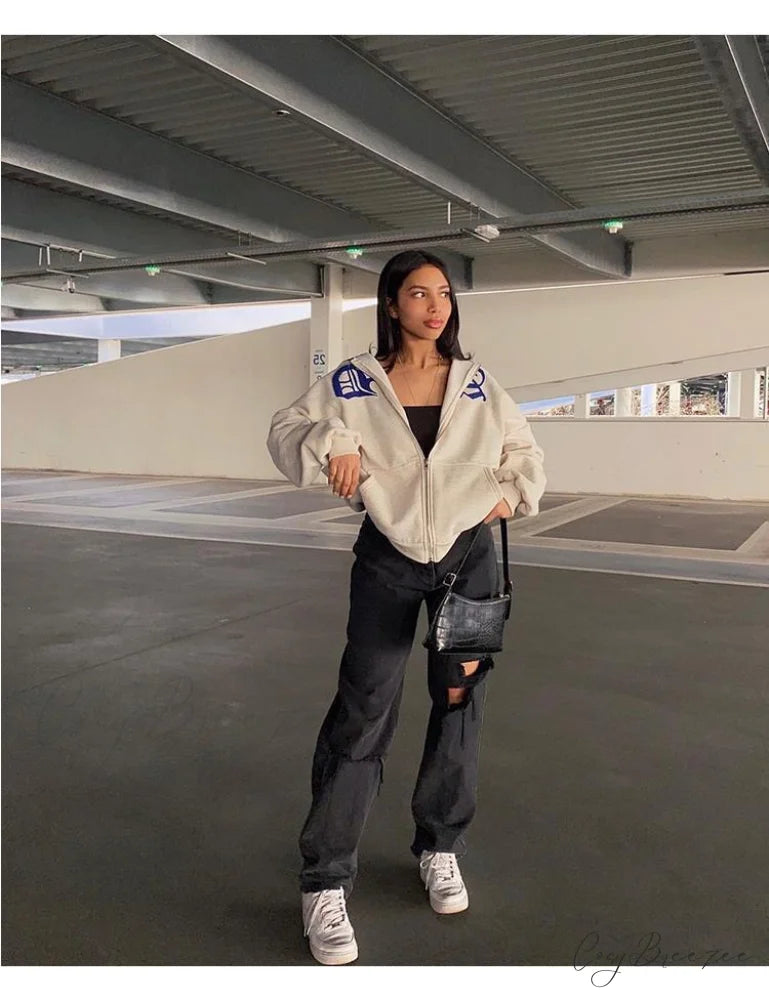 Spring Hoodie Hop Zipper Y2K Oversized Women’s Gray Embroidery Letter Streetwear Punk Hip Sweatshirt