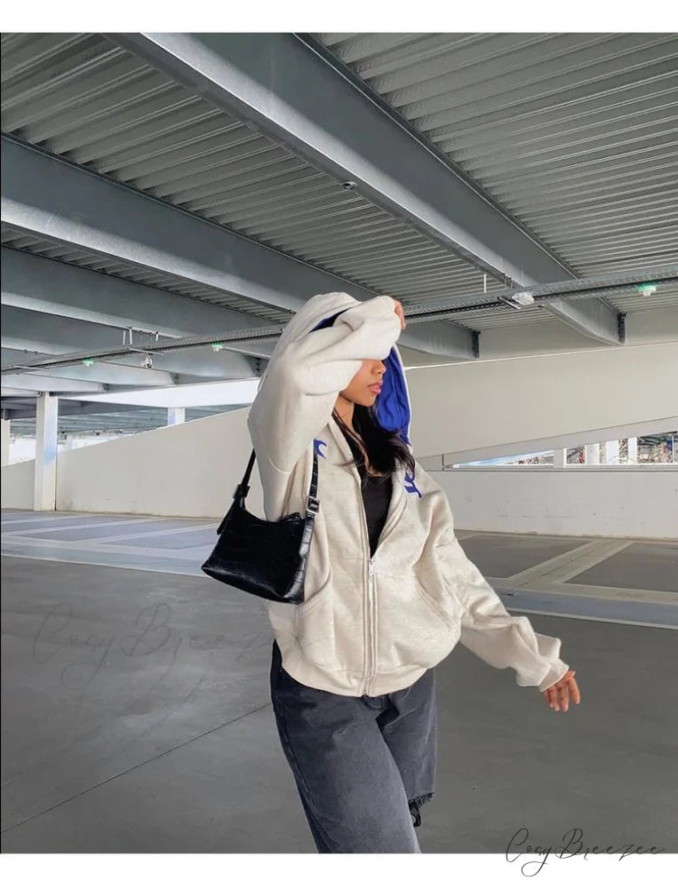 Spring Hoodie Hop Zipper Y2K Oversized Women’s Gray Embroidery Letter Streetwear Punk Hip Sweatshirt