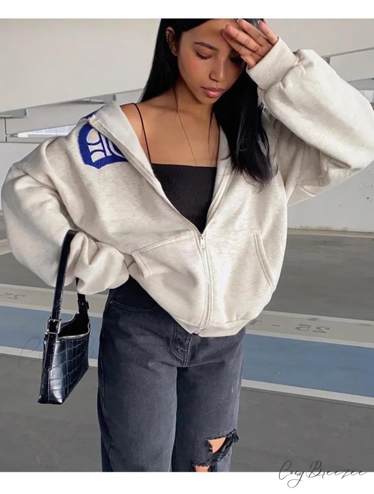 Spring Hoodie Hop Zipper Y2K Oversized Women’s Gray Embroidery Letter Streetwear Punk Hip Sweatshirt