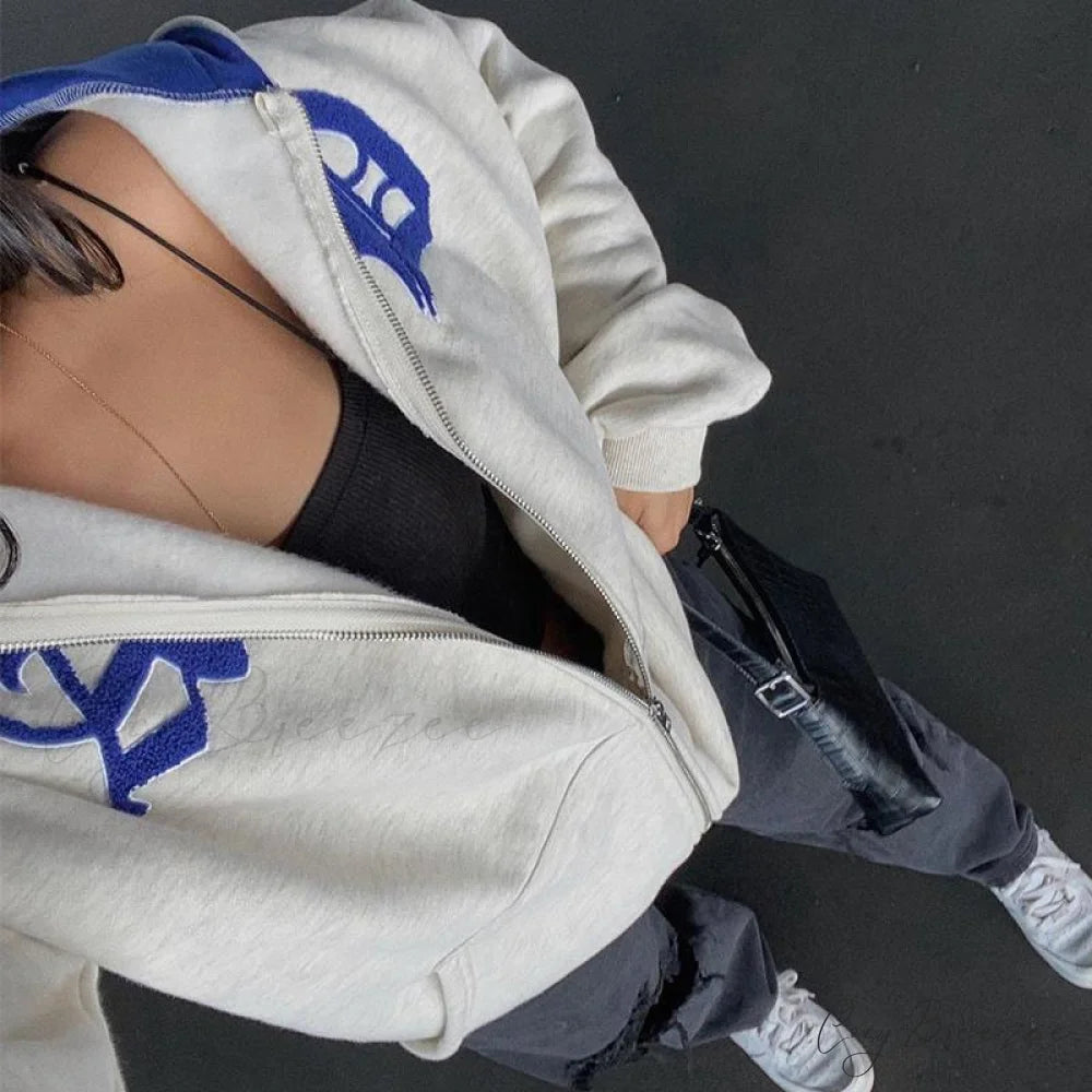 Spring Hoodie Hop Zipper Y2K Oversized Women’s Gray Embroidery Letter Streetwear Punk Hip Sweatshirt