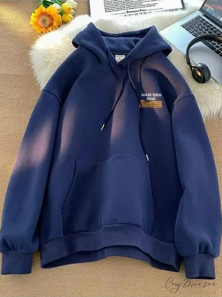 Spring Letter Graphic Streetwear Hoodie Navy Blue / M(40-50KG) hoodies-241228