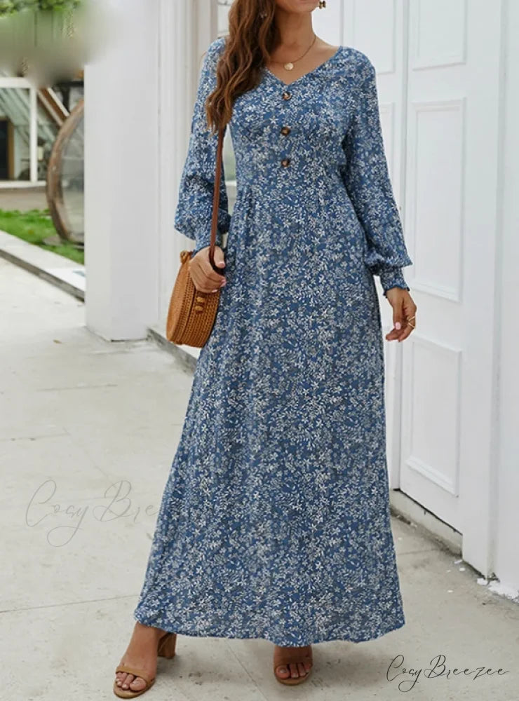 SPRING LONG ELEGANT RETRO BOHO DRESS S / BLUE