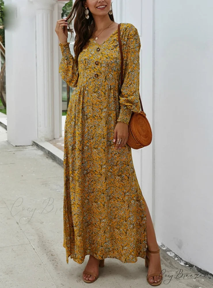 SPRING LONG ELEGANT RETRO BOHO DRESS S / YELLOW