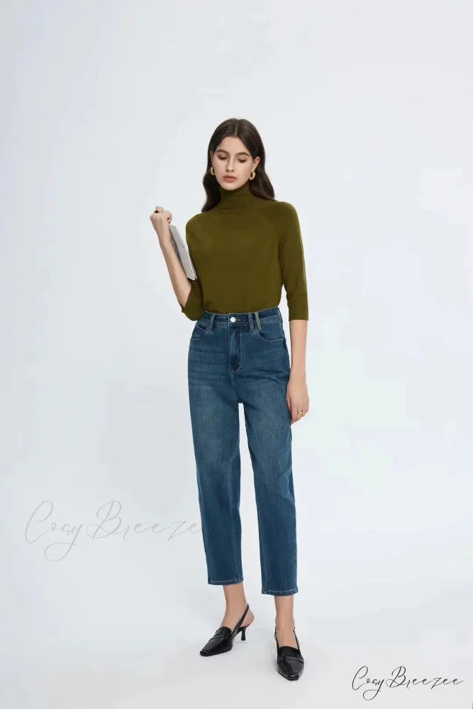 Spring New High Waist Retro Washed Blue Straight Jean