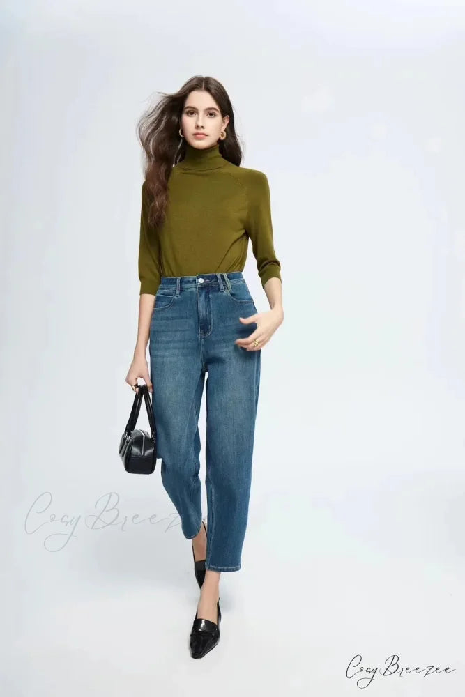 Spring New High Waist Retro Washed Blue Straight Jean