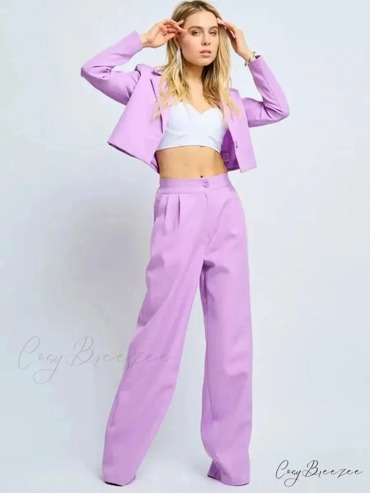 Spring Slim Wide Leg Pants Office Set Lavender / S officetwopieceset-250223