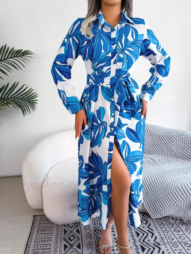 Spring Summer Contrast Floral Polo Collar Shirt Dress Blue / S oldfloraldress-250126