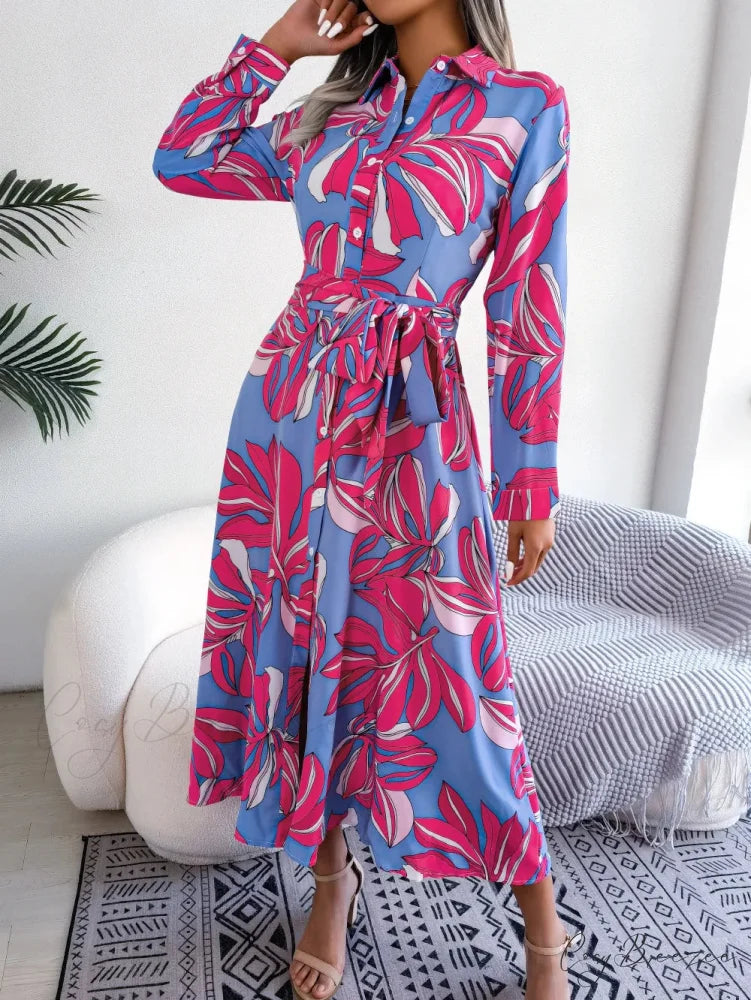 Spring Summer Contrast Floral Polo Collar Shirt Dress oldfloraldress-250126