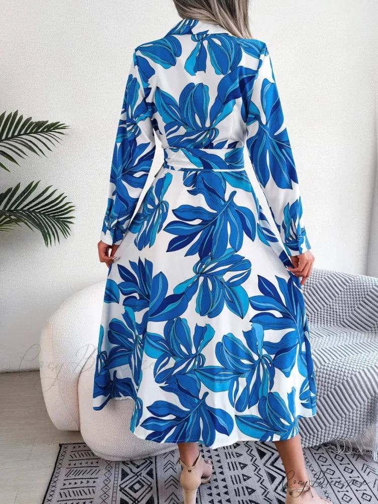 Spring Summer Contrast Floral Polo Collar Shirt Dress oldfloraldress-250126