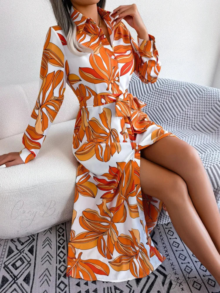 Spring Summer Contrast Floral Polo Collar Shirt Dress oldfloraldress-250126
