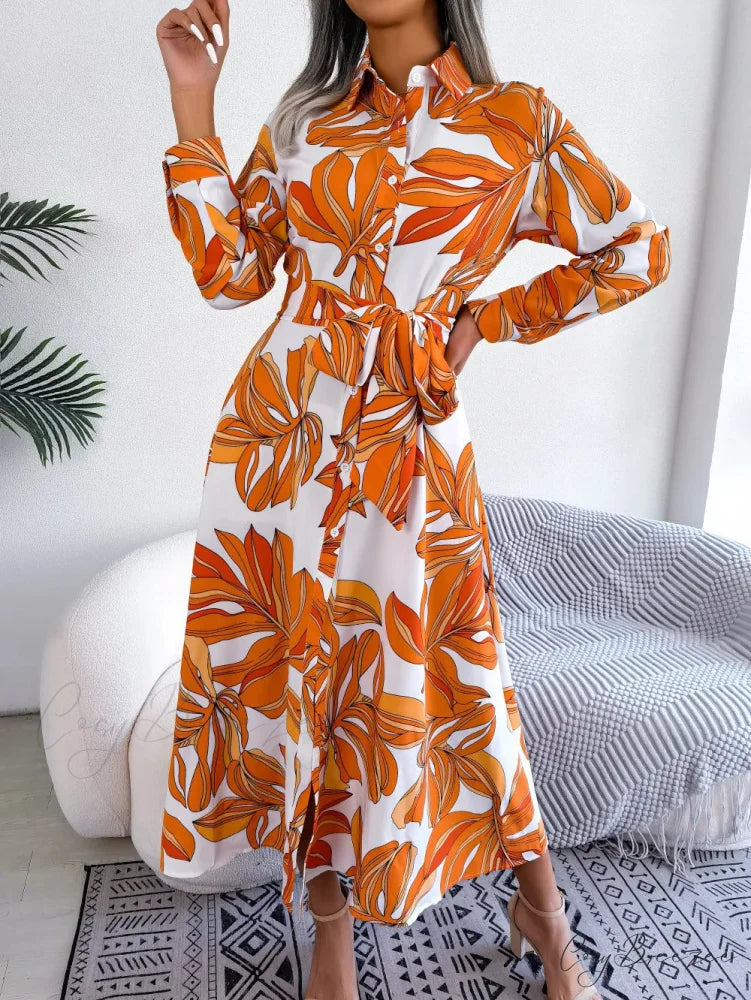 Spring Summer Contrast Floral Polo Collar Shirt Dress Orange / S oldfloraldress-250126