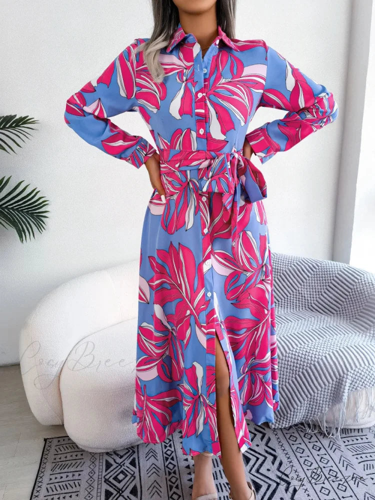 Spring Summer Contrast Floral Polo Collar Shirt Dress Rose Red / S oldfloraldress-250126