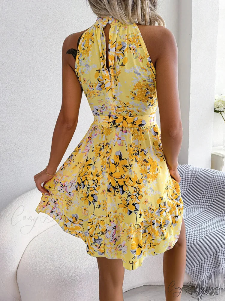 Spring Summer Floral Halter Neck Lace-up A-line Dress floraldress-250126