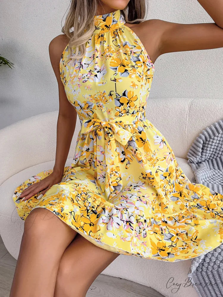 Spring Summer Floral Halter Neck Lace-up A-line Dress floraldress-250126
