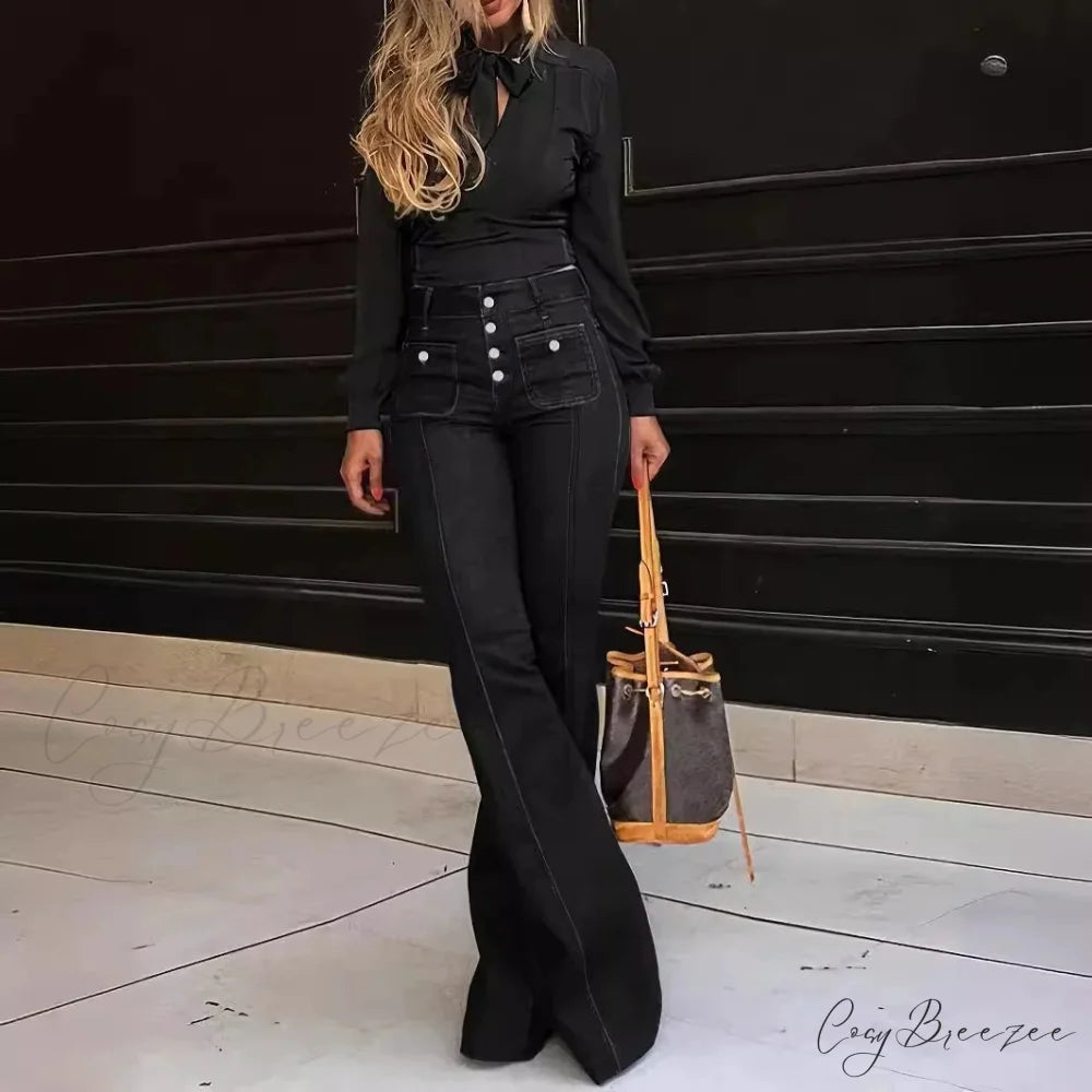 Spring Summer New Retro High Waist Stitching Washed Stretch Slim Bell-Bottom Denim Jean