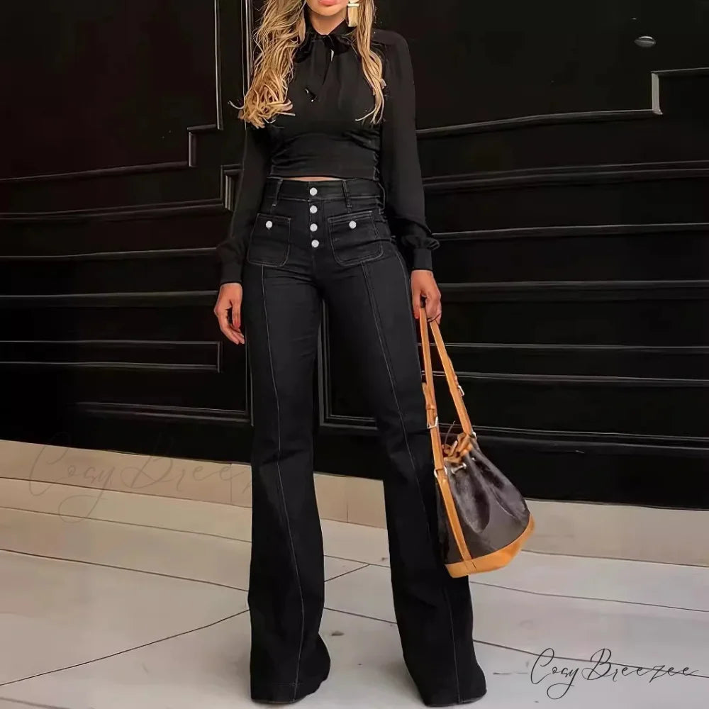 Spring Summer New Retro High Waist Stitching Washed Stretch Slim Bell-Bottom Denim Jean Black / S