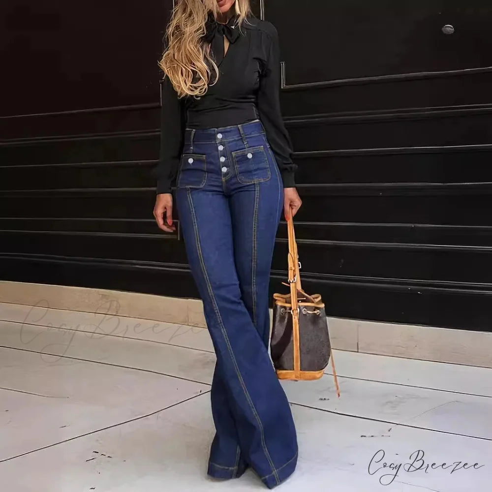 Spring Summer New Retro High Waist Stitching Washed Stretch Slim Bell-Bottom Denim Jean Blue / S