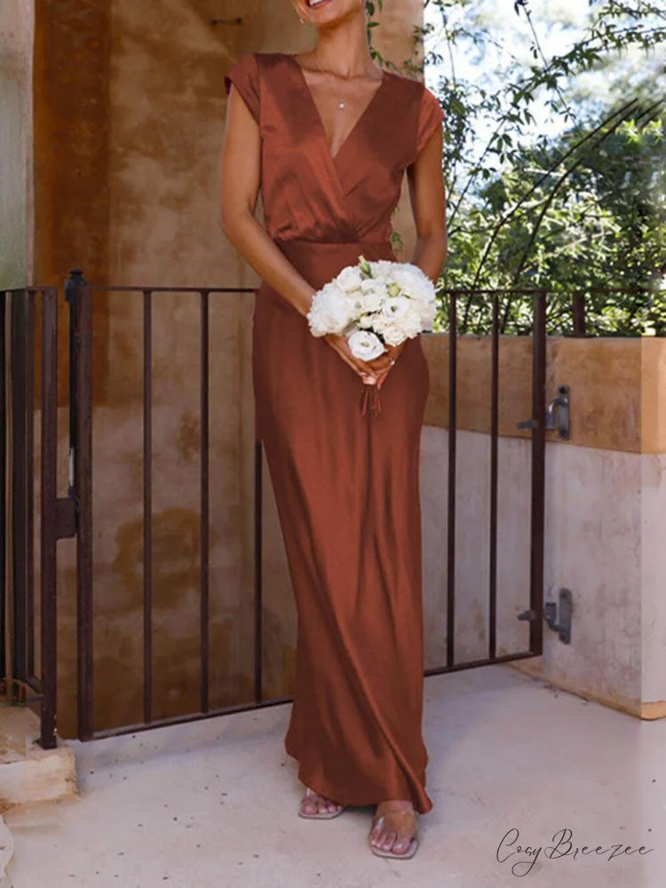 Spring/Summer Satin Solid Color Graceful V-Neck Fishtail Party Dress Brown / S