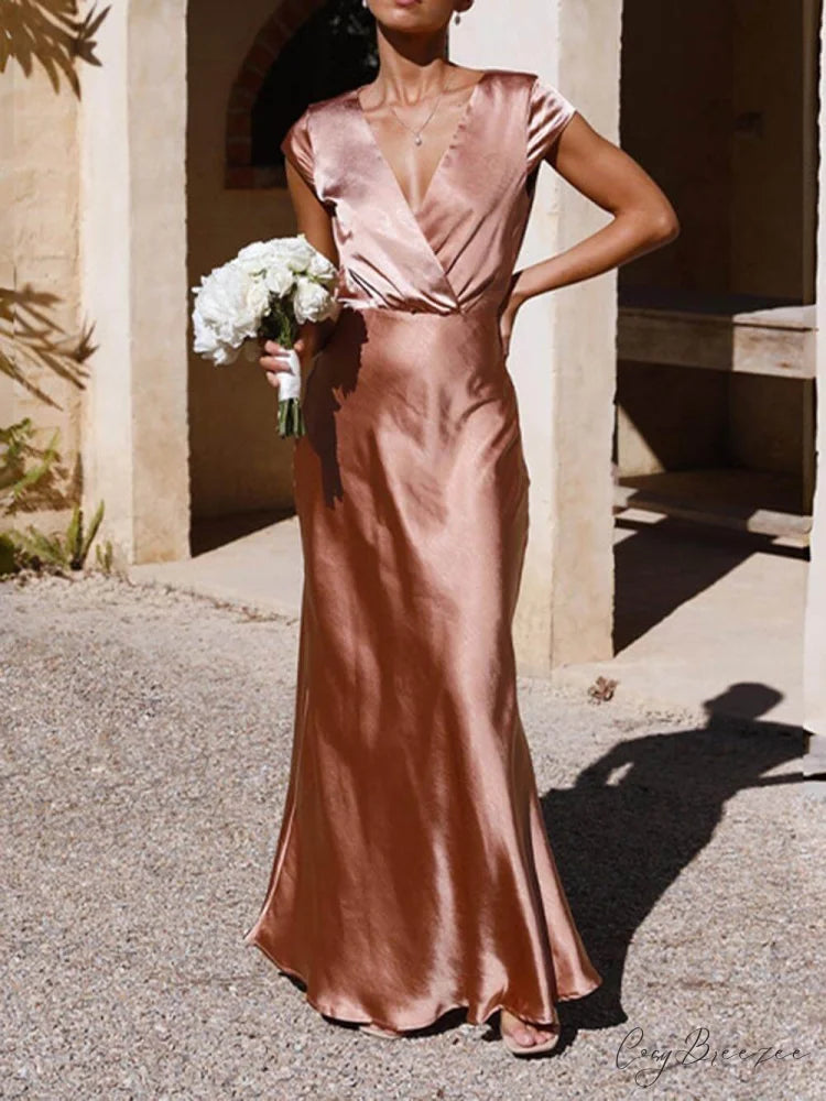 Spring/Summer Satin Solid Color Graceful V-Neck Fishtail Party Dress Pink / S