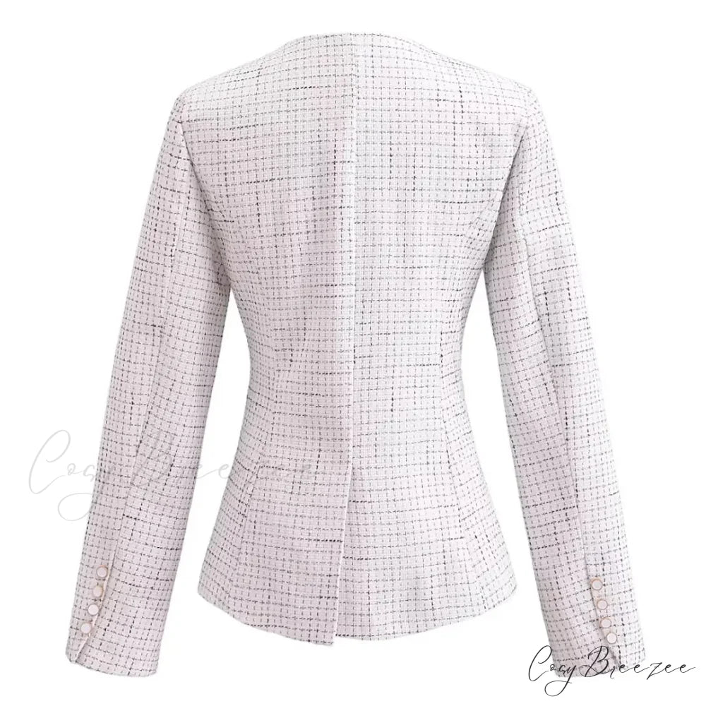 Spring V Collar White Plaid Woven Tweed Slim Waist Single-Breasted Button Slit Blazer
