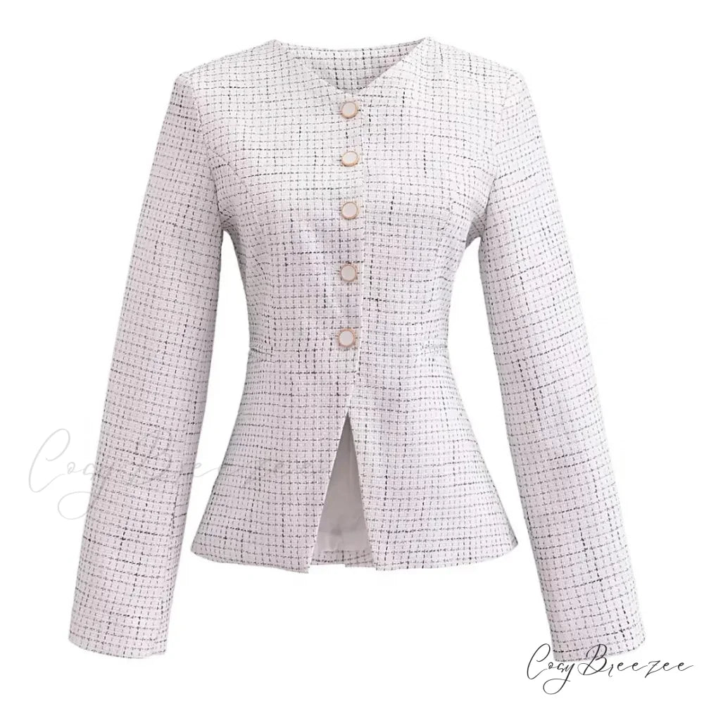 Spring V Collar White Plaid Woven Tweed Slim Waist Single-Breasted Button Slit Blazer