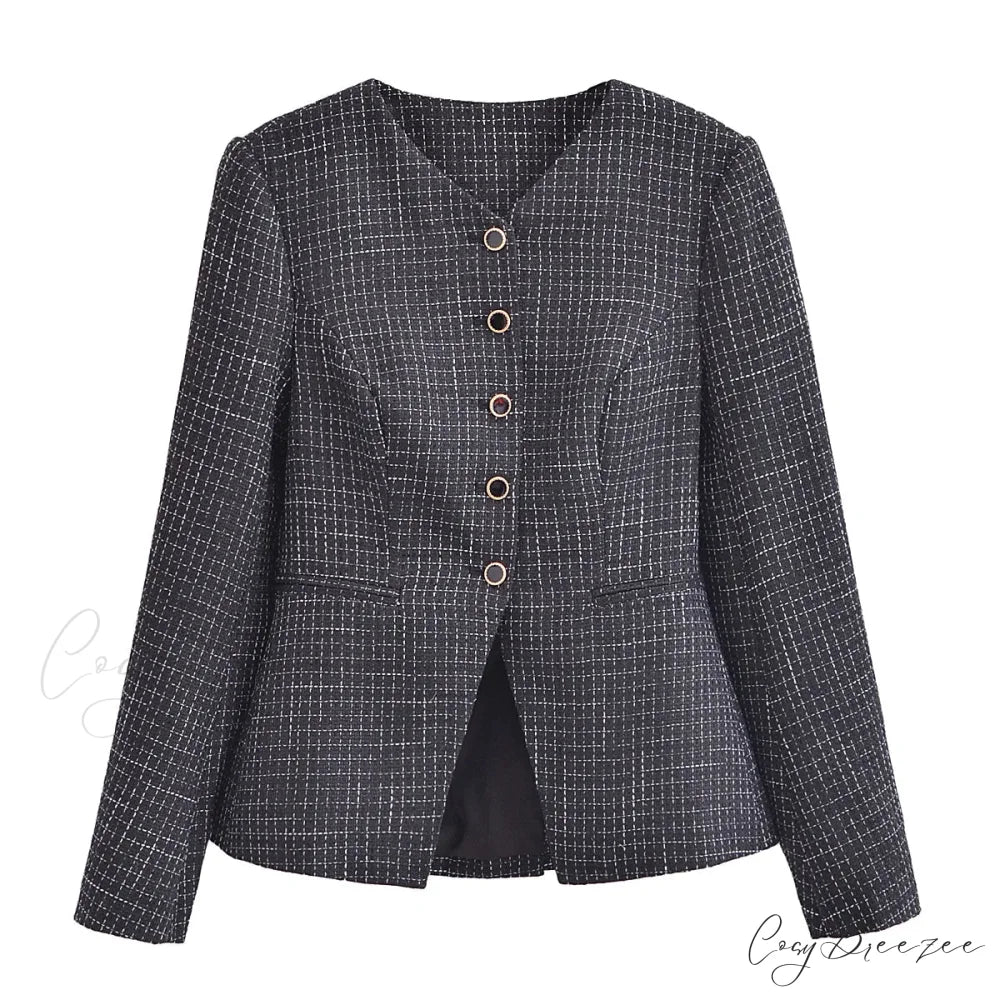 Spring V Collar White Plaid Woven Tweed Slim Waist Single-Breasted Button Slit Blazer Black / S
