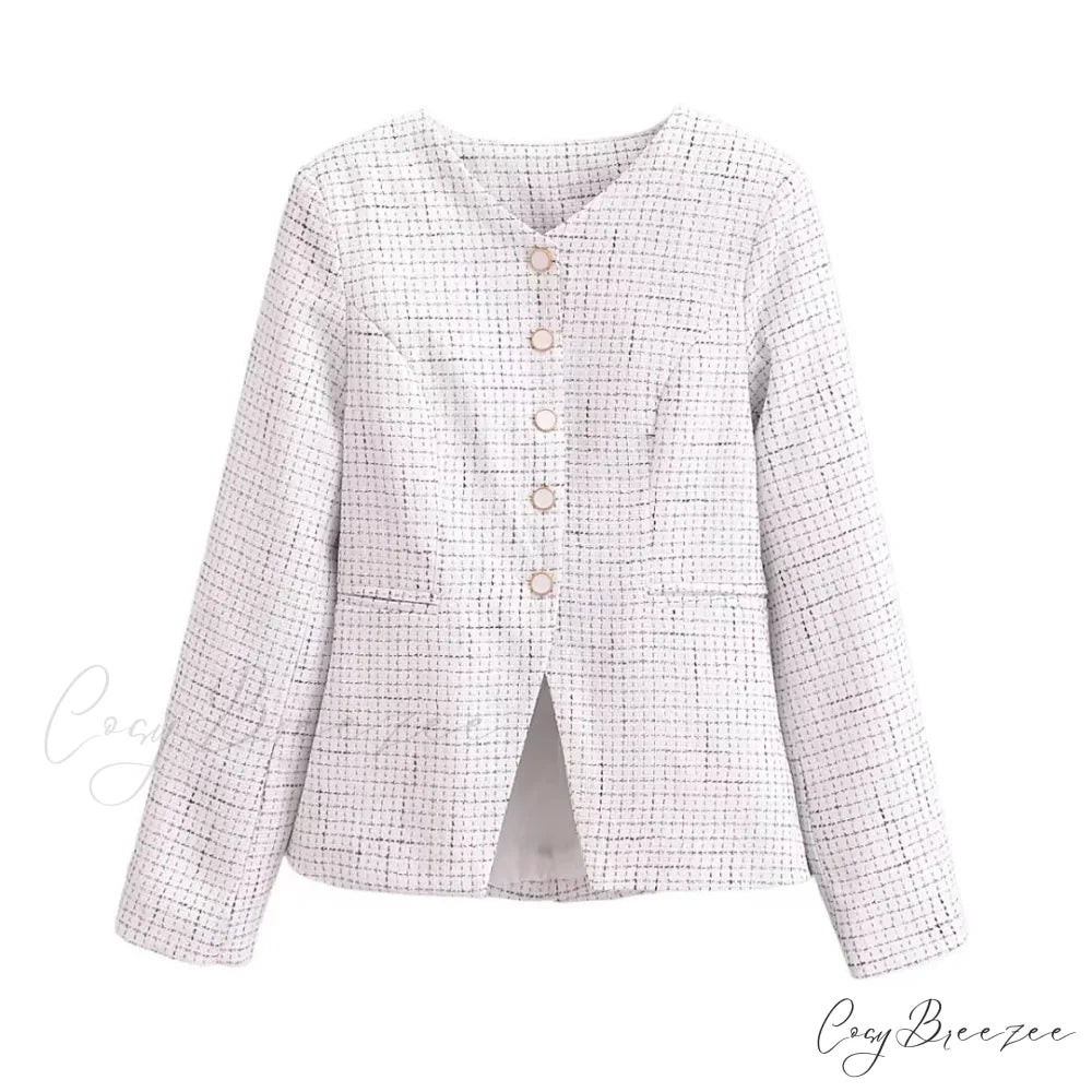 Spring V Collar White Plaid Woven Tweed Slim Waist Single-Breasted Button Slit Blazer WHITE / S