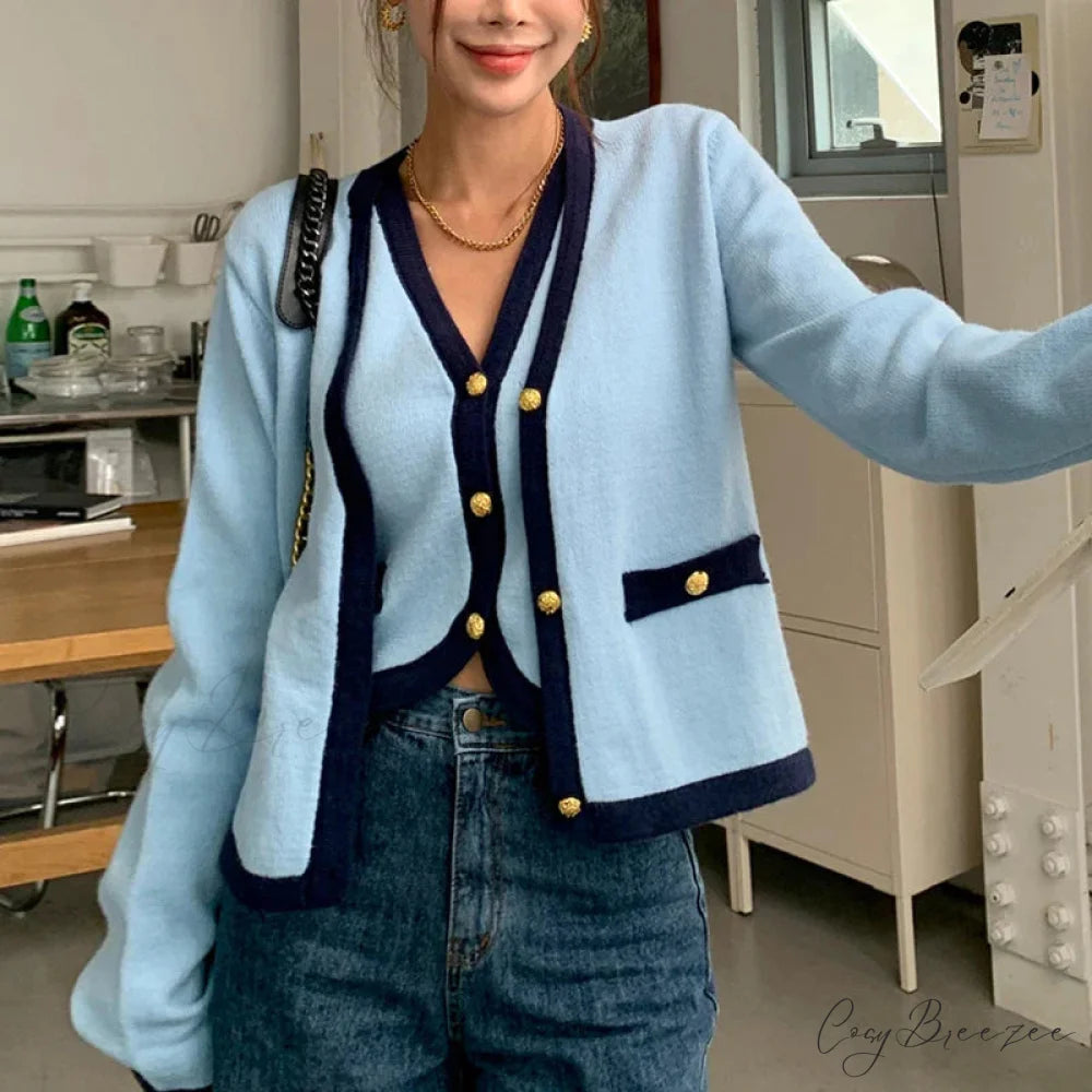 Spring V-neck Full Sleeve Knit Cardigan Blue / One Size cardigans-241228