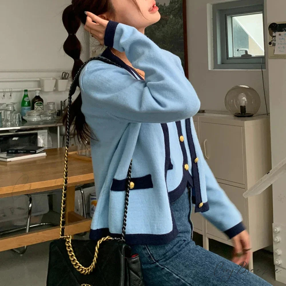 Spring V-neck Full Sleeve Knit Cardigan Blue / One Size cardigans-241228
