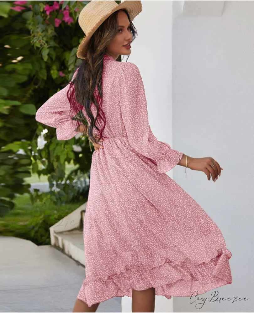 Spring V Neck Print Dress with Butterfly Sleeves and High Waist Ruffles in Chiffon Midi Length M / BLACK