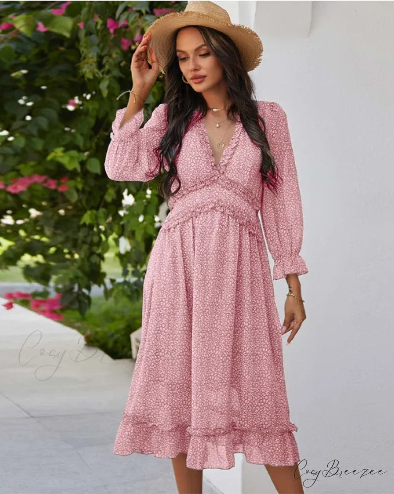 Spring V Neck Print Dress with Butterfly Sleeves and High Waist Ruffles in Chiffon Midi Length M / BLUE